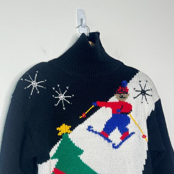 Robinsons Sweater Womens Black Small Ski Print Winter Mock Neck Cabincore Casual - Picture 5 of 9
